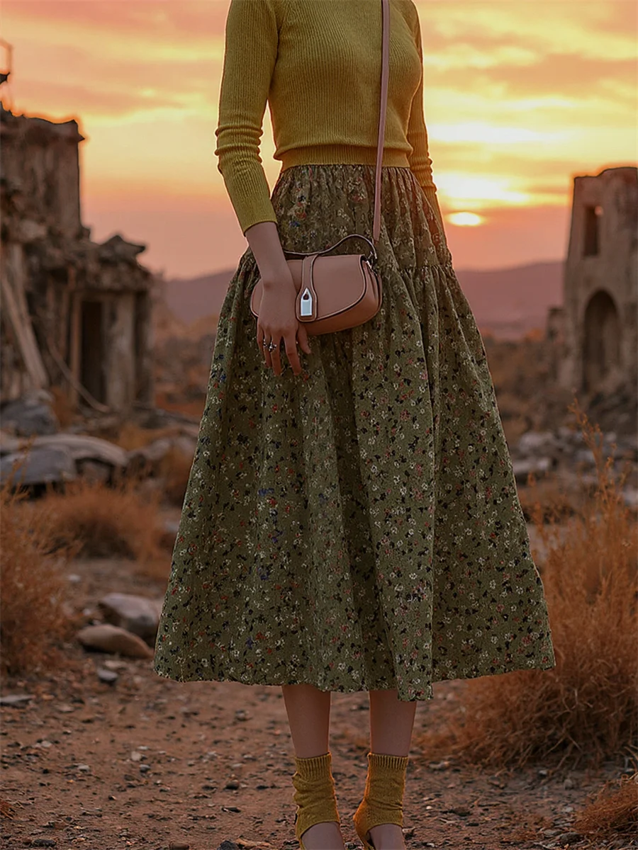 

Юбки миди с цветочным принтом, женские бархатные плиссированные лоскутные юбки с высокой талией и рюшами по подолу, осенний минималистичный жаккардовый мягкий удобный