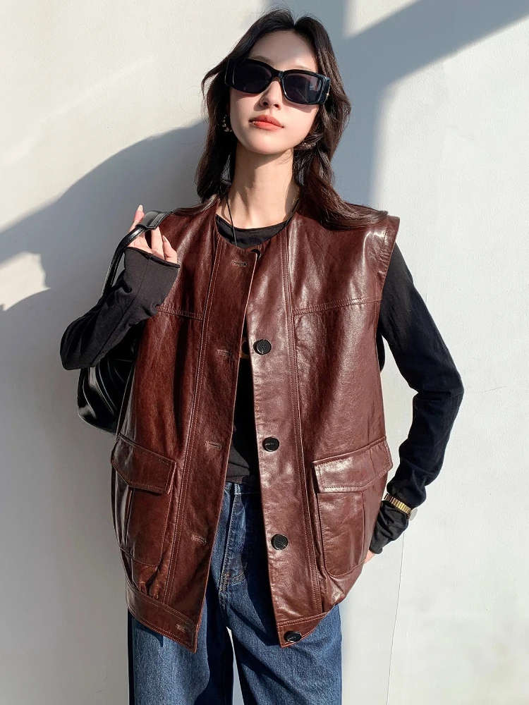 Gilet senza maniche in vera pelle per donna Primavera Autunno 2025 Nuovo cappotto in vera pelle di pecora solida semplice di fascia alta con cera d'olio morbida