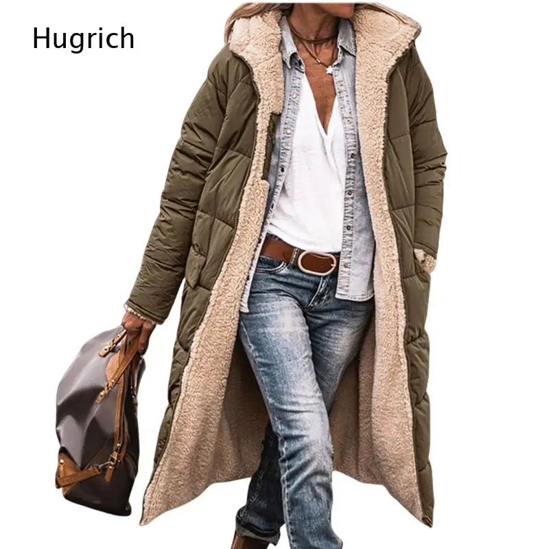 Kapuzenmantel mit Sherpa-Futter, Langer Puffer-Mantel mit Offener Fronttasche, Warme Oberbekleidung für Damen, Winter-Freizeitjacke in Loser Passform und Mittellänge