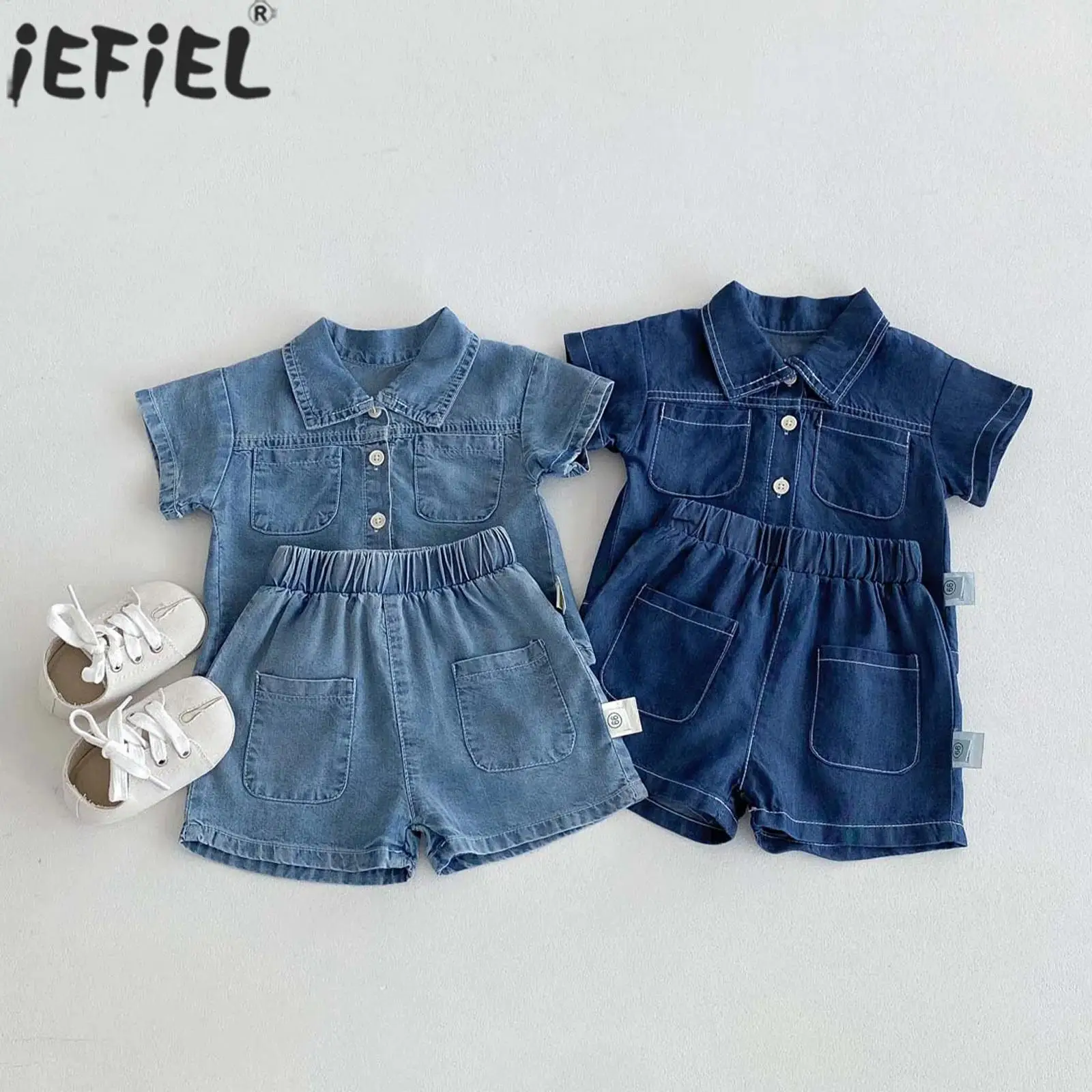 

Модный повседневный джинсовый наряд для маленьких мальчиков, джинсовая куртка на пуговицах с короткими рукавами и шортами, летний комплект костюмов для отдыха