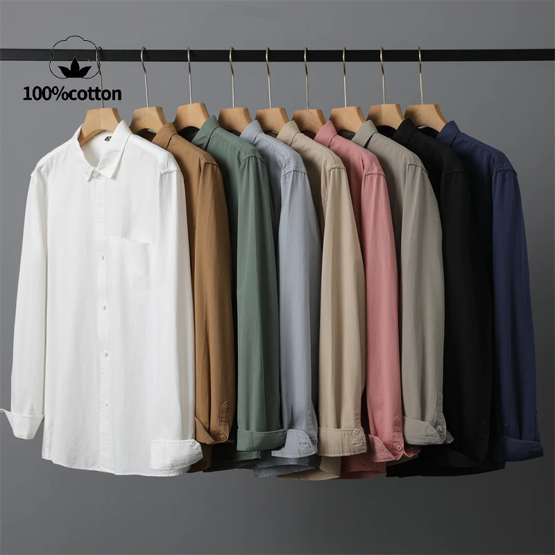 9 warna, 100% katun, warna Solid pria, bernapas, kasual, tahan lama, kasual bisnis kemeja lengan panjang. S-4XL kemeja harian