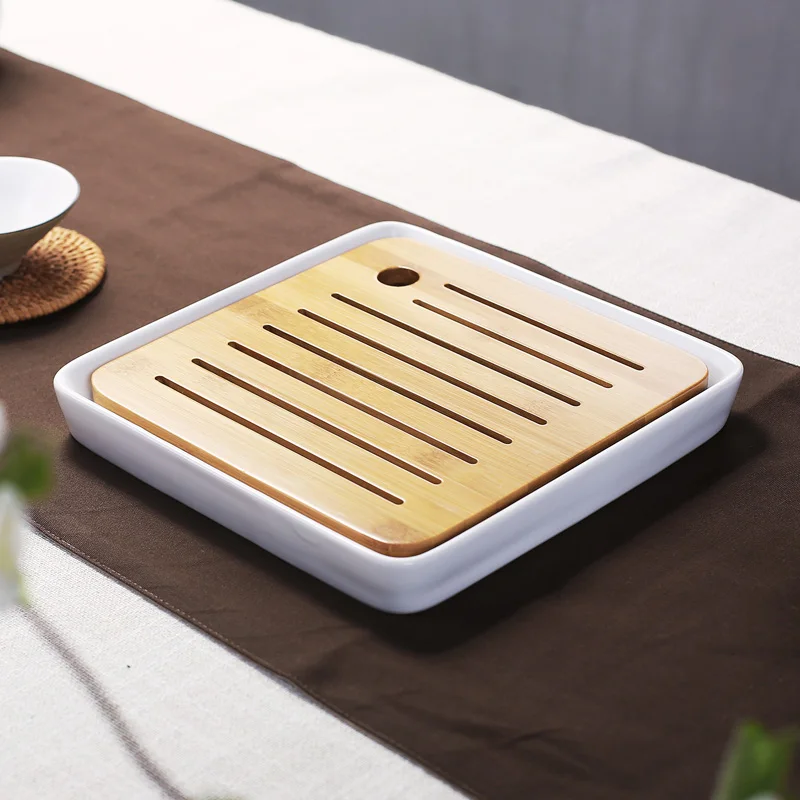 Bamboo Flat Square Ceramic Tea Table Serving Tray 21*21cm Ceramics Bamboo Tea Tray Drainage Water Storage Kung Fu Tea Set