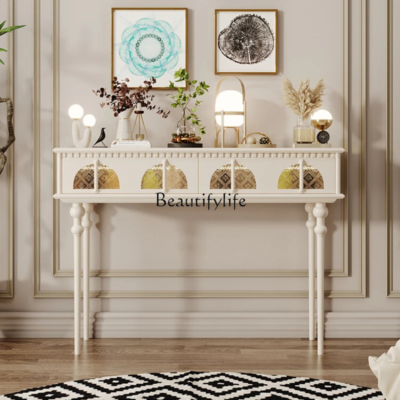 

French Cream Style Console Corridor Aisle Solid Wood a Long Narrow Table Living Room Light Luxury Art Console Tables