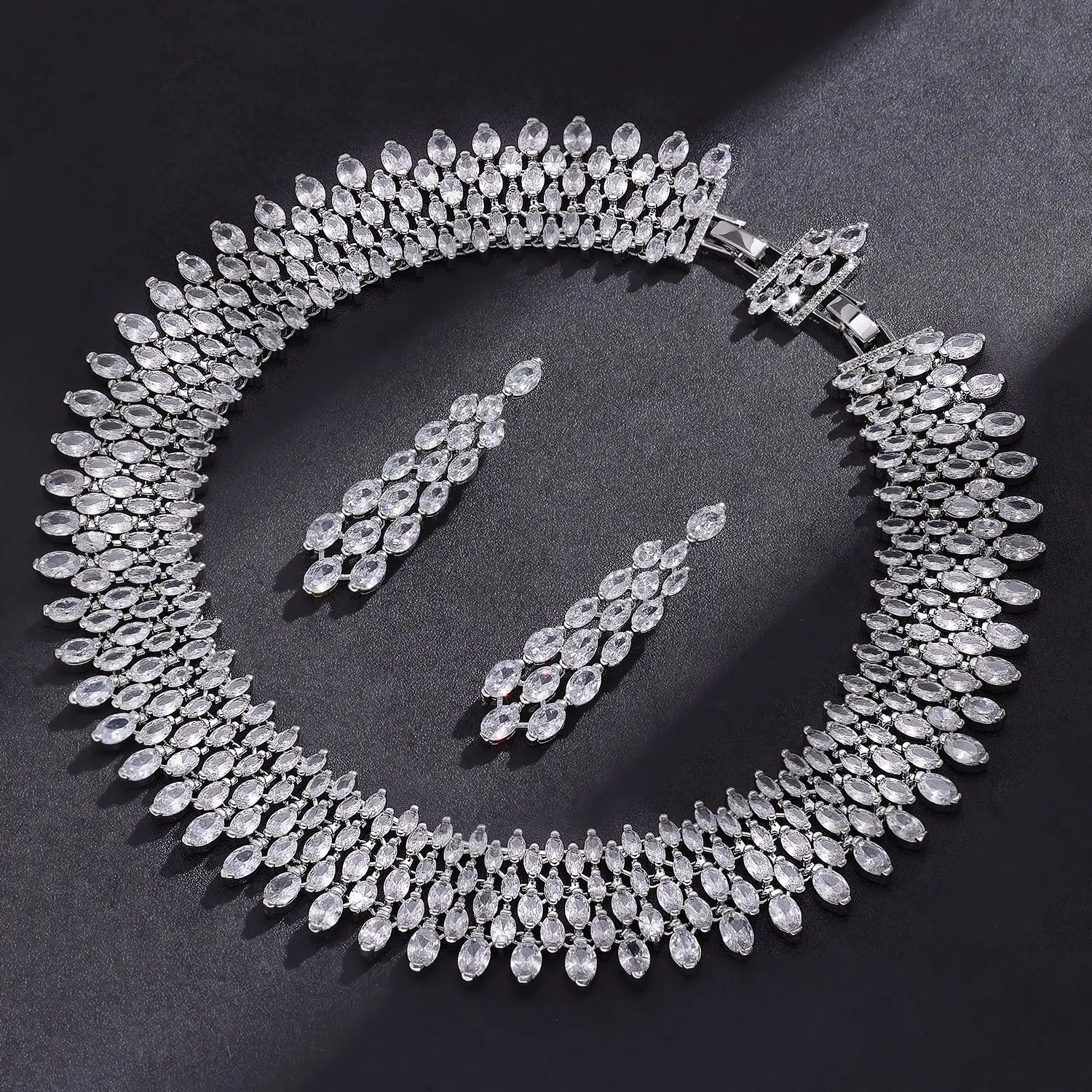 Vintage Fashion 2 Piece Set Zirconia CZ Crystal Necklace Earrings Nigeria Wedding Bridal Jewelry Set Women Party Christmas Gift