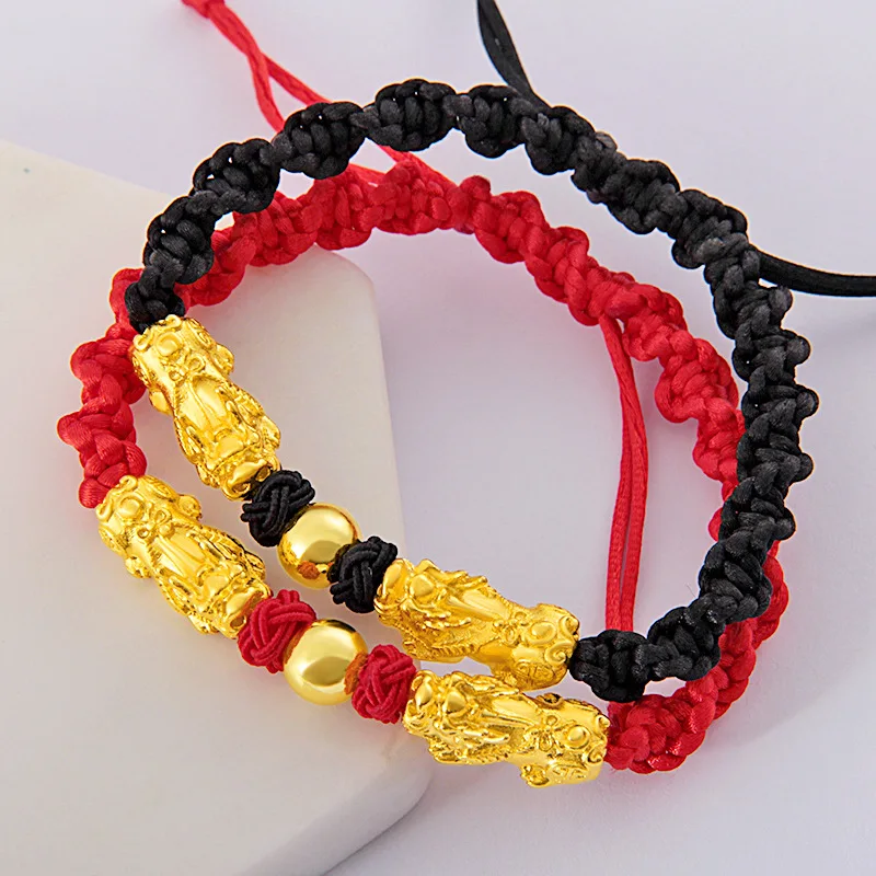 9999 24K Real Gold Pixiu Zodiac Year Transfer Bead Double Pixiu Hand Rope Hand Woven Men's and Women's Gold Lucky Bracelet