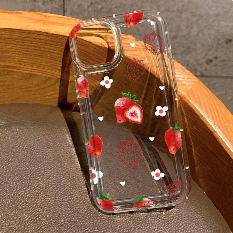 Summer Strawberry & Flowers Print Clear Case For iPhone 15 Pro Case iPhone 11 13 12 14 Pro Max XR XS X 7 8 Plus Shockproof Cover