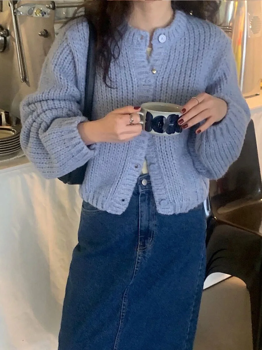 

Autumn Winter Soft Cozy Lazy High-End Feeling Women's Knitted Sweater Coat round Ne Single Button Thi Needle Open Cardigan