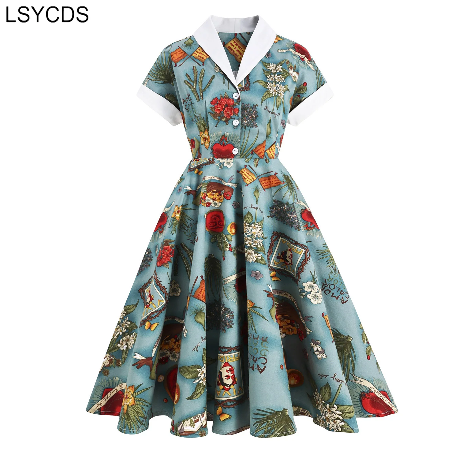 LSYCDS Turn Down Collar Button Up Elegant Women Summer Dress 1950S Vintage Style Ladies Print Solid Midi Swing Dresses