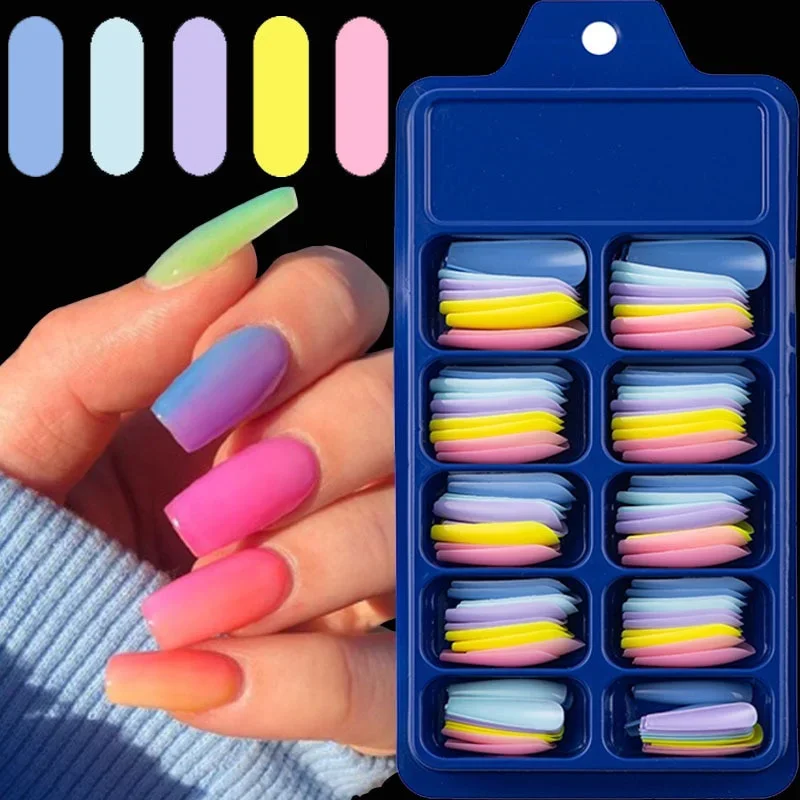 100PC False Nail Stickers Blister Box with Solid Color Pointed  Candy  Red Blue Pink Long Ballerina Nails Set