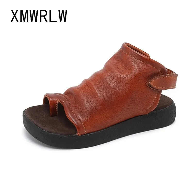 XMWRLW Women\'s Summer Flip Flop Genuine Leather Retro Sandals 2023 Summer Ladies Shoes High Heels Handmade Women Sandals Shoes