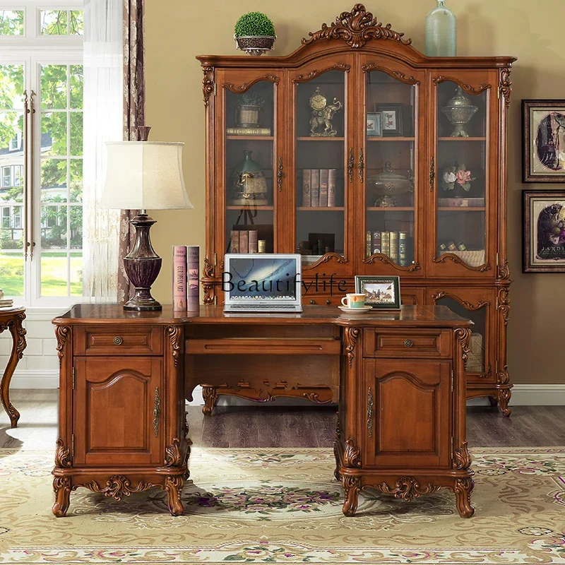 

American old laser parquet table European full solid wood carving computer table