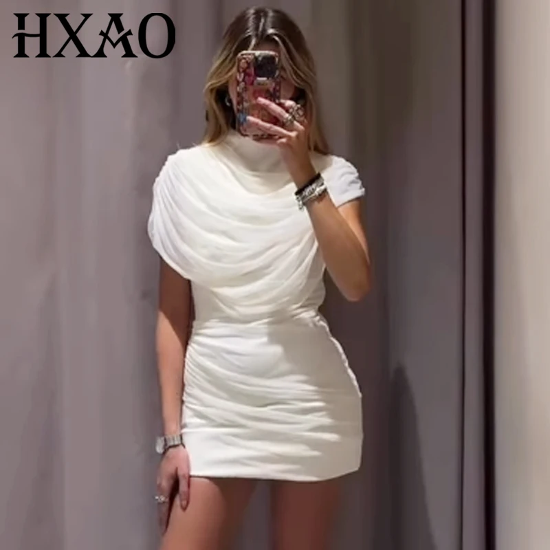 HXAO Mini witte ruches jurk damesjurken zomer 2026 elegante feestjurken chique korset gelaagde mouwloze patchwork vestidos