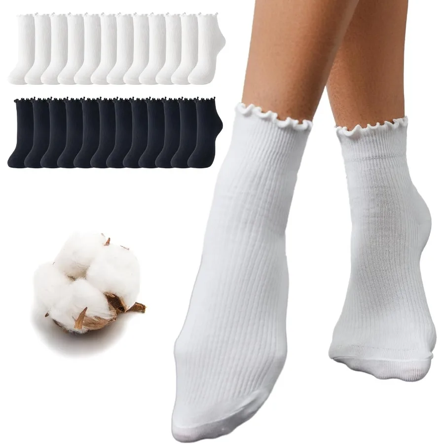 

12 Pairs Lightweight Cotton Quarter Socks for Women with NonBinding Fit and Cute Ruffle Detail Ideal for Uniform Wear and Every