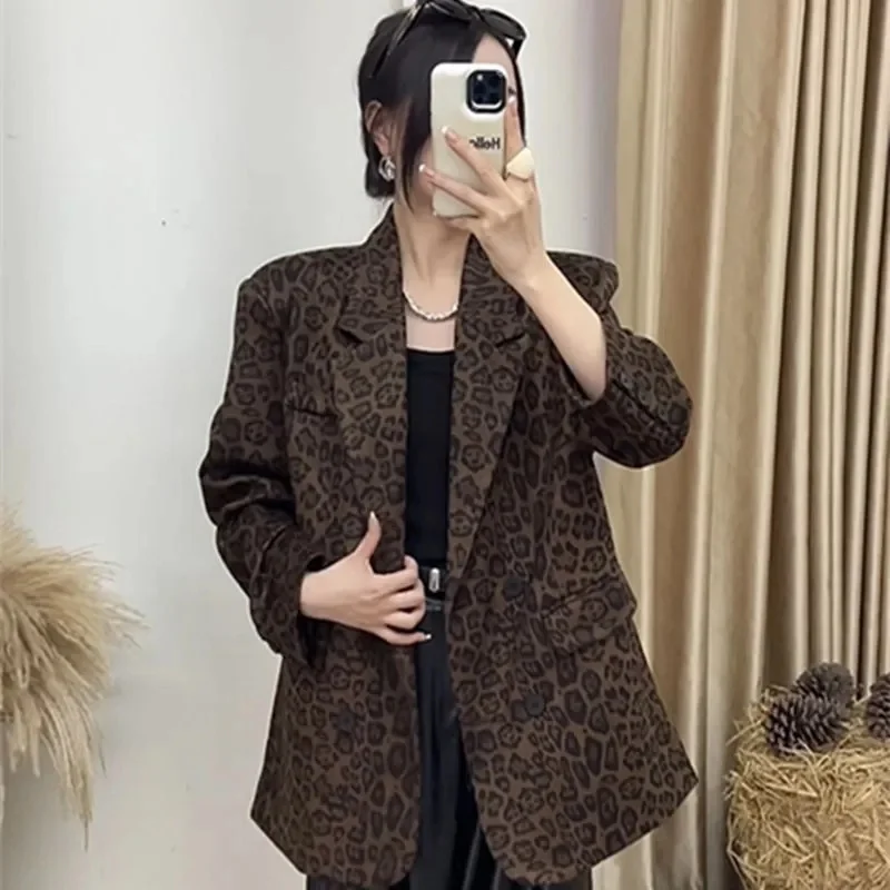 Autumn Women New Long Sleeved Top Female High End Double Breasted Suit Jacket Korean Lady Leopard Print Patchwork Blazer Outwear