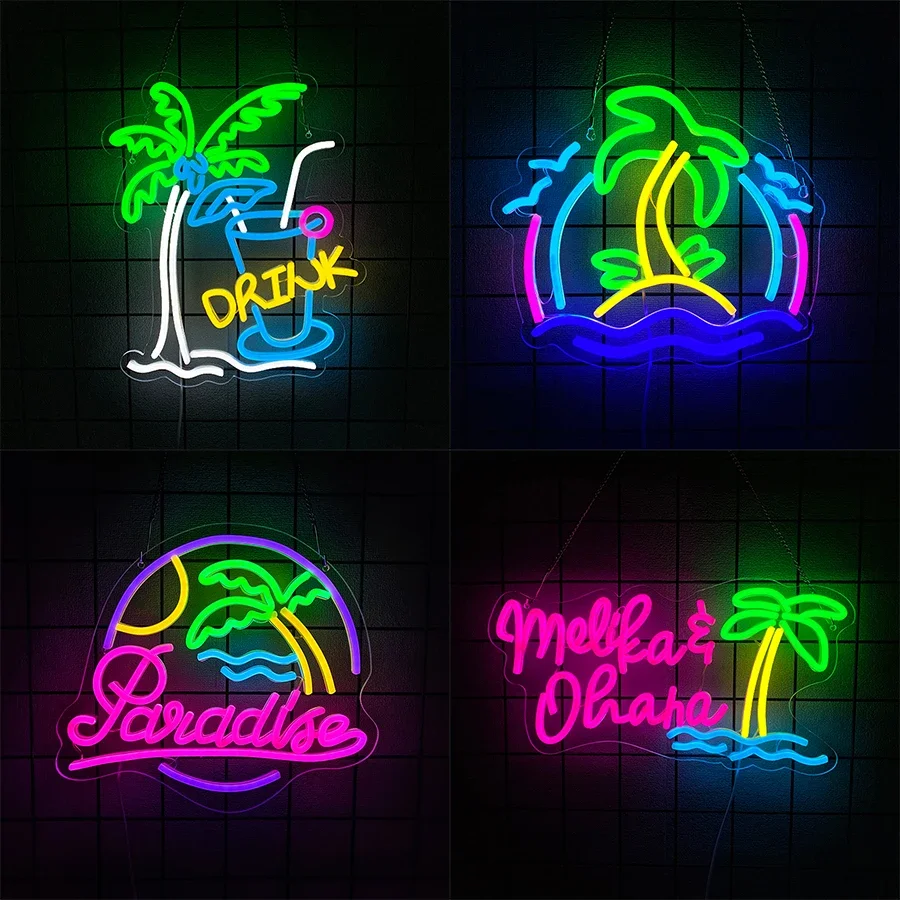 

Usb Powered, Hawaiian Club, Tiki Bar, Holiday Party, Restaurant, Tropical Palm Tree Icon, Bar Led Neon Sign,Man Cave Art Decor.
