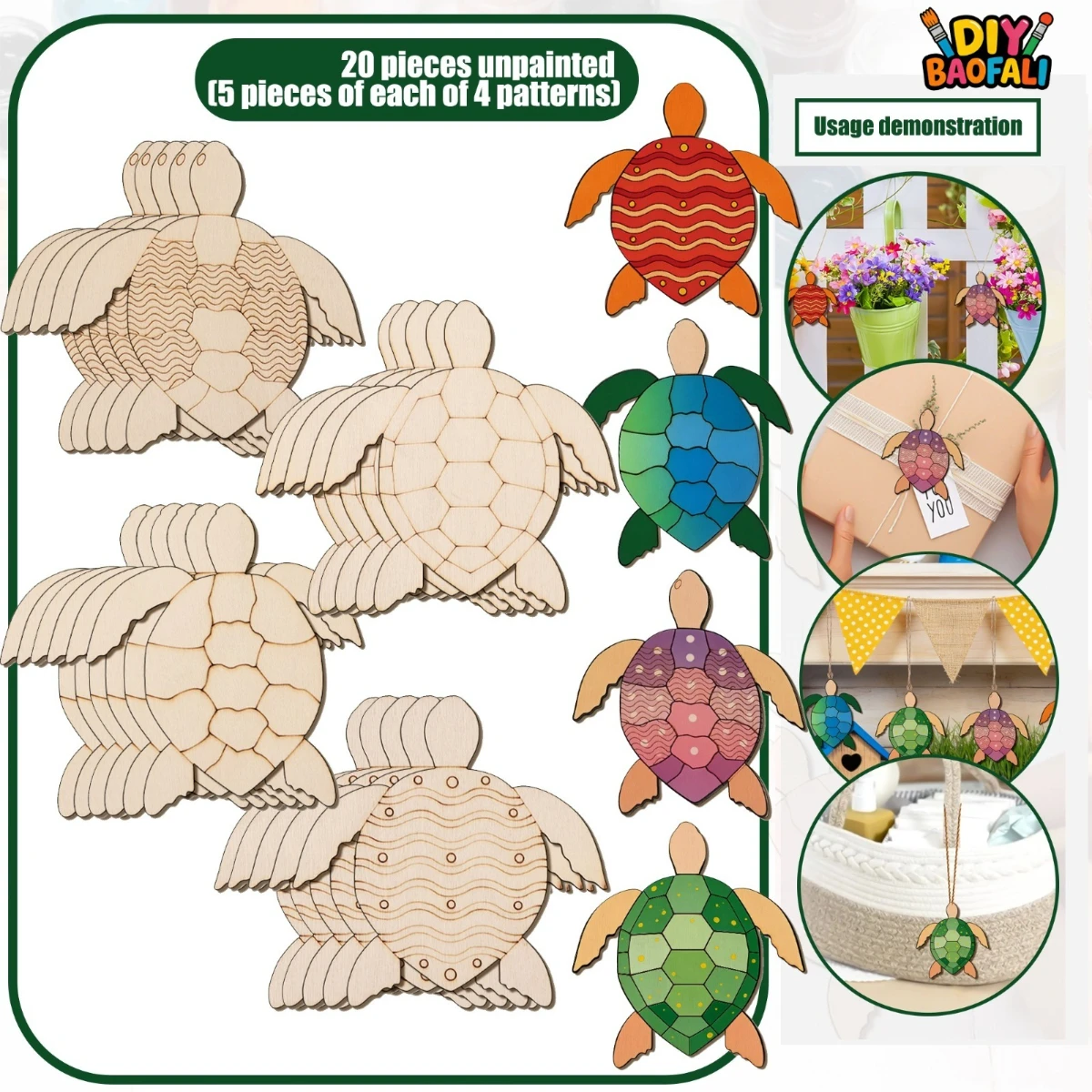20 Stück Unfertige Holz-Schildkröten-Ausschnitte, 4 Stile Blanko Holz-Meeresschildkröten-Ornamente, DIY Mal- und Bastelbedarf für Heimdekoration