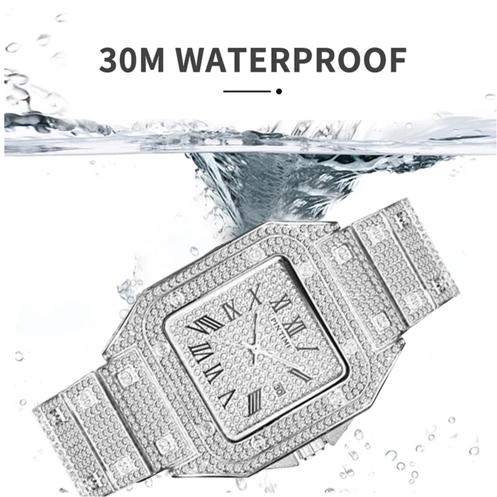 Luxury Watch for Women Waterproof 30m Iced Diamond Quartz Wristwatch Roman Luminous Dial Calendar Clock Hip Hop Reloj Para Mujer