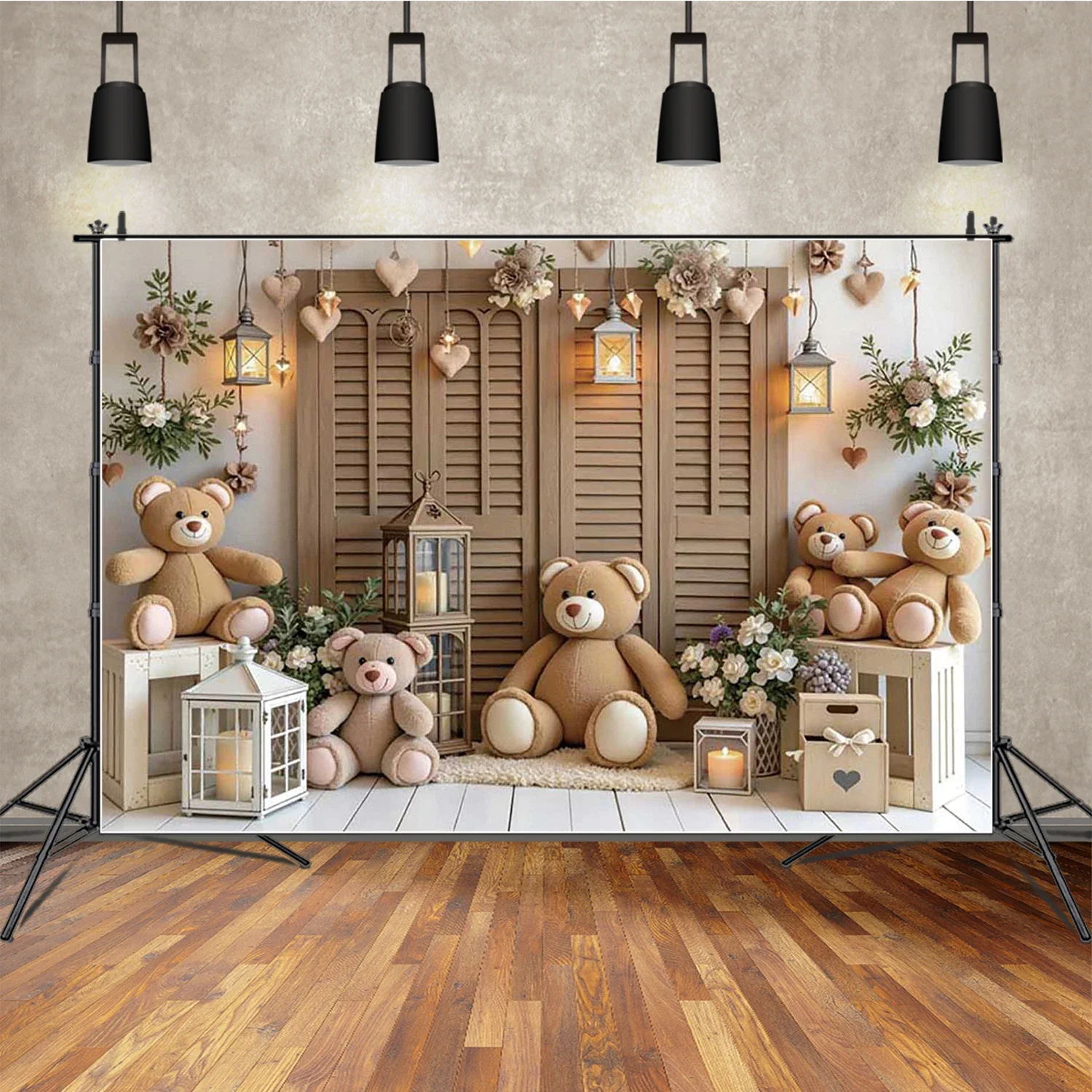 

MOON.QG Wood Decor Teddy Bear Child Photography Background Flower Candle Balloons Backdrop Children Birthday Studio Photozone