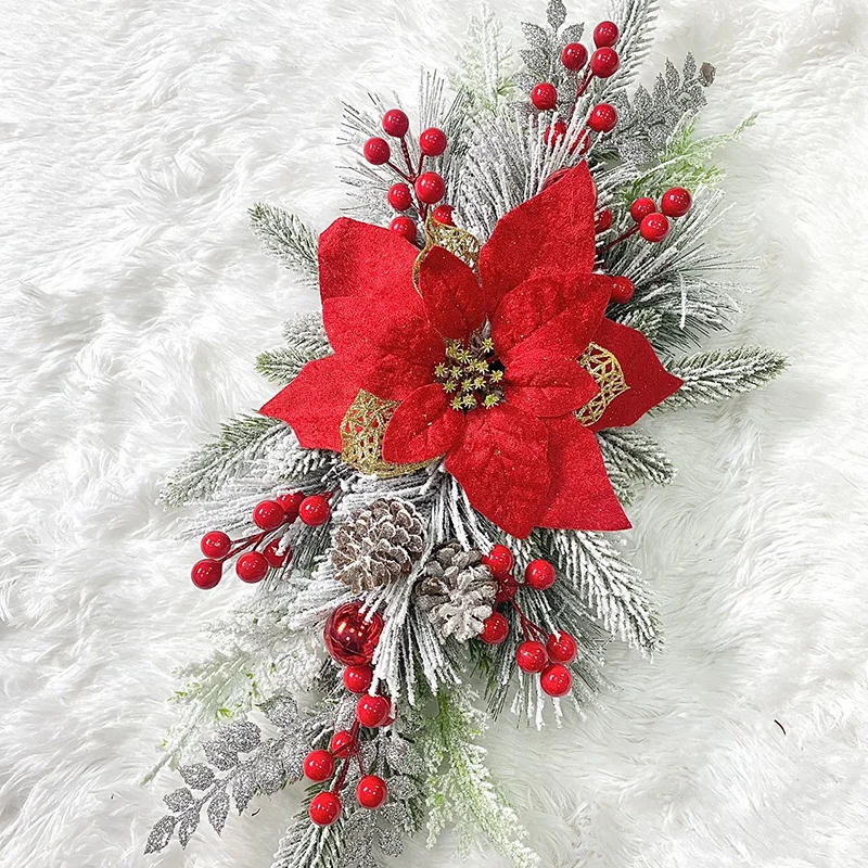 Christmas Wreath Snow Flocked Pine Wreath with Flower Pinecones Berries Hanging Decor for Front Door Fireplace Home Party