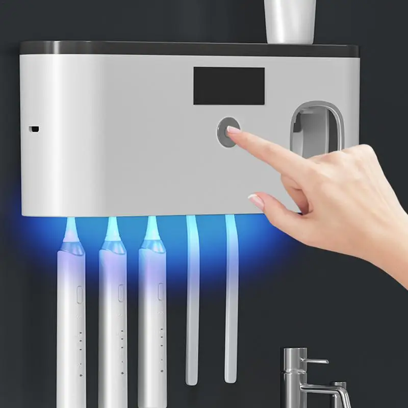 UV Tooth Brush Holder With Toothpaste Dispenser Wall Mounted 5 Slots USB Rechargeable Electric Toothbrush Holder For bathroom