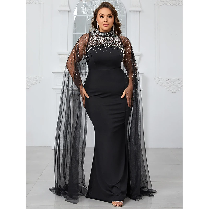 Elegant Ladies Dress Women Black Mesh Beading Formal Occasion Cocktail Prom Gown Evening Party Long Maxi Dresses 4XL