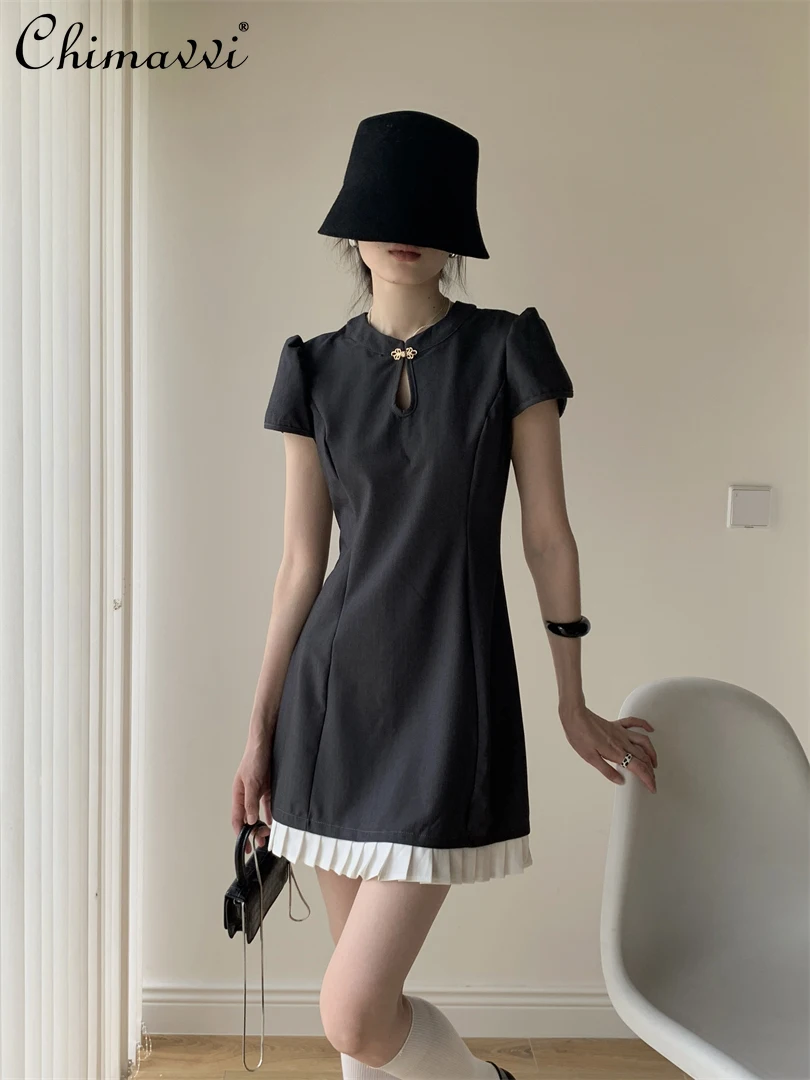 

French Elegant Simple Commuter Round Collar Bubble Sleeve High Waist Slim A-line Folded Splicing Short Dress Women Summer 2025