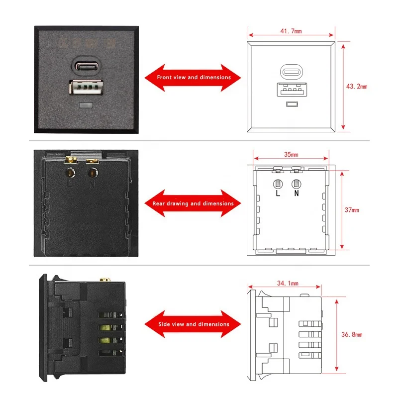 USB+Type -C AC Power Socket Embedded Desktop Receptacle DC Charging Power Panel Module Outlet 5V 220V With LED Indicator