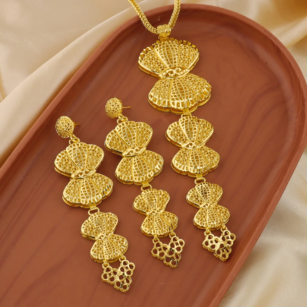 

Dubai Gold Color Jewelry Set For Woman Bridal European American Style Personalized Necklace Earrings Jewellery Set Wedding Gifts