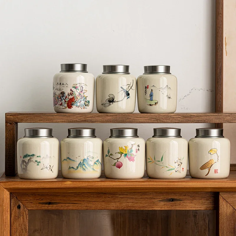 

Creative Alloy Sealed Storage Can Ornament Art Landscape Ceramic Tea Jar Coffee Bean Storage Jar Home Decoration Craft Ornaments