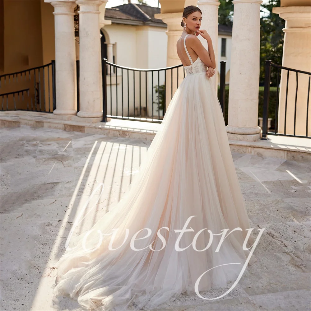 Elegant Floor Length Wedding Dresses Tulle Lace Appliques Backless  Wedding Gown High Slit Bride Gowns For Wedding