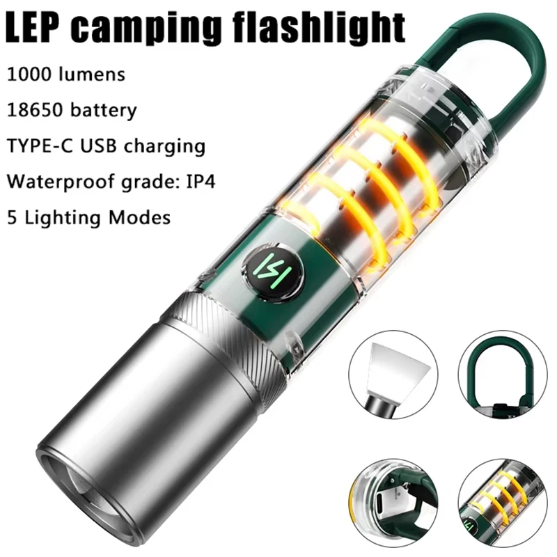 Powerful LED Flashlight Rechargeable Zoomable Torch with Tungsten Filament Side Lamp Outdoor Emergency Camping Fishing Lantern