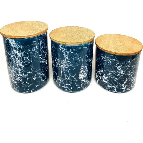 Dolmabahe Marble Pattern Triple Ceramic Jar Navy Blue Color