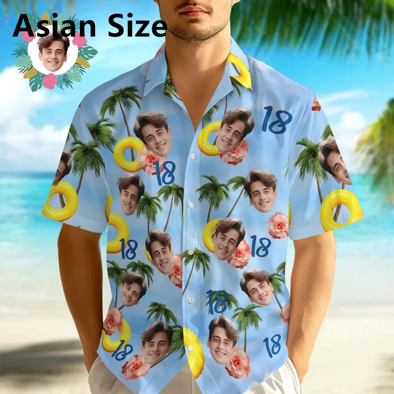 Custom Face Age Birthday Hawaiian Shirts For Men Personalization Short Sleeve 3D Printed Blouse Gift Party Casual Father Shirt
