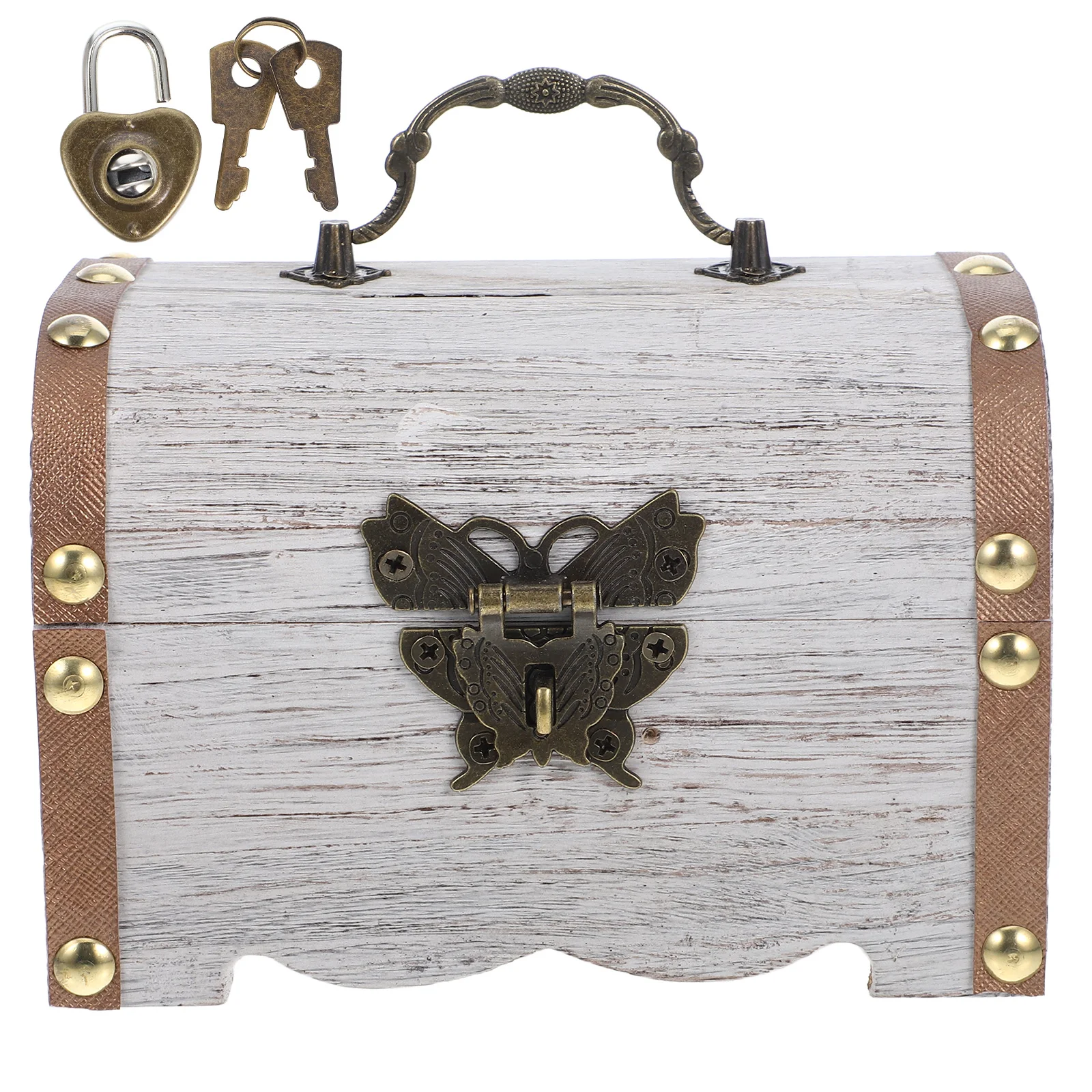 

Retro Treasure Chest Piggy Bank Vintage Wooden Keepsake Box with Lock for Money Saving Small Decorative Storage