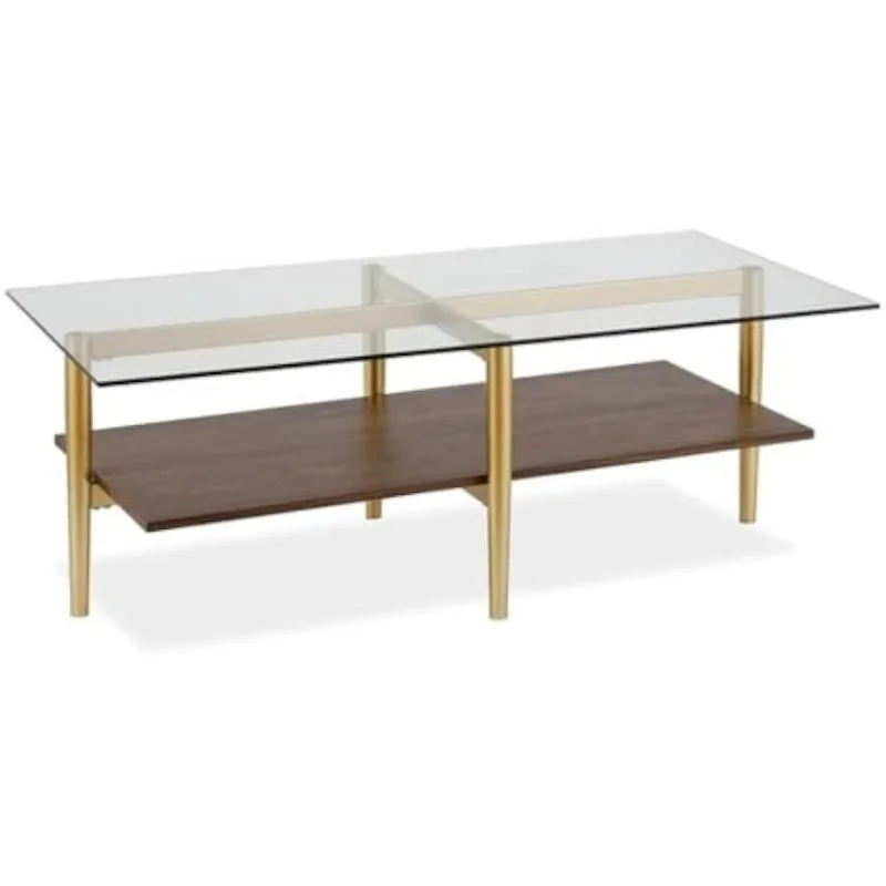 Mid-Century Brass Metal Rectangle Coffee Table and Walnut Wood Shelf, Weight capacity can support up to 60 LBS.