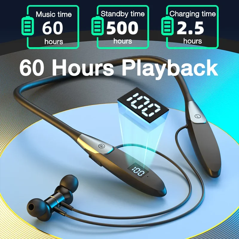 

60 Hrs Playback Wireless Headphones Bass Bluetooth Headphone Neckband Earphone Sport Wireless Bluetooth Headset with Mic