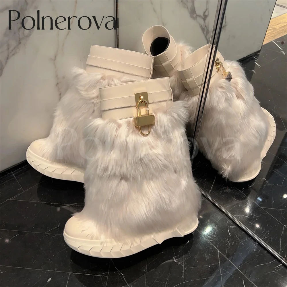 Faux Fur Shark Biker Ankle Boots Designer Style Luxury Lock Warm Boots Latest Winter Shoes Slip On White Snow Booties for Women