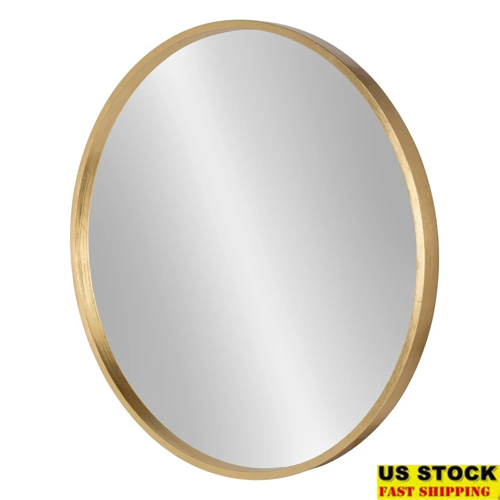 

Round Wood Wall Mirror Modern Glam Decorative Accent Home Bedroom Living Room Bathroom Hanging Mirror 25.6in Diameter