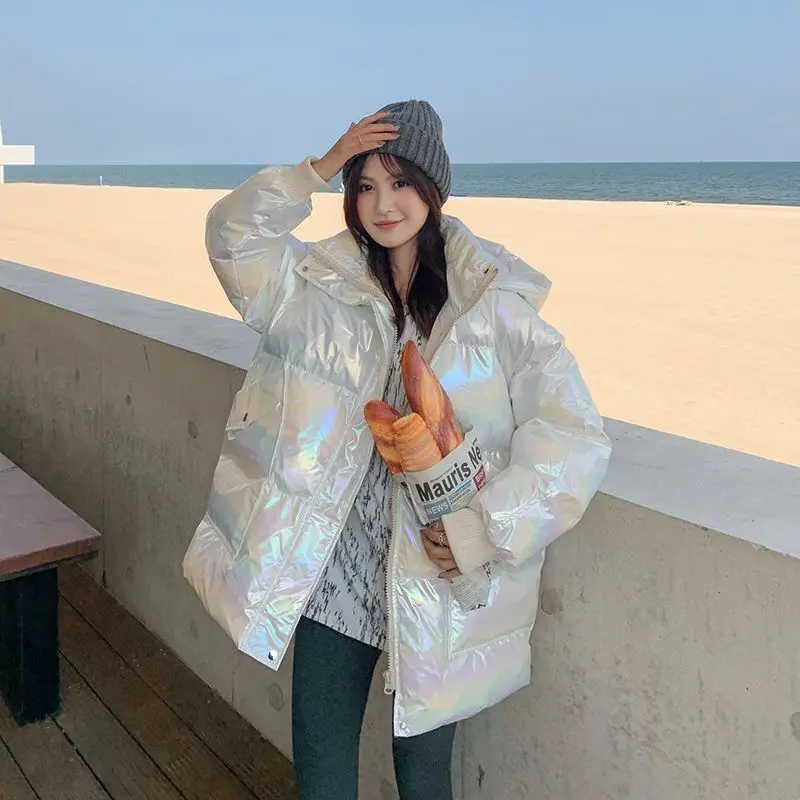 韓国の女性用ゆったりとしたカラフルな綿服、冬のファッション、気品のある新しいコート、光沢のある厚手の綿服