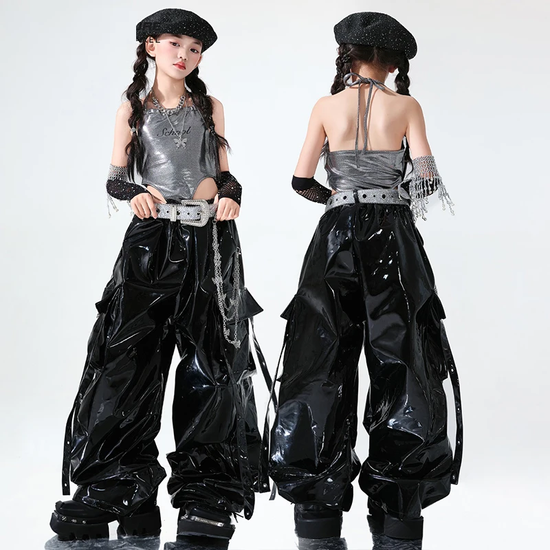 Jazz Dance Clothing Girls Stage Costume Kpop Performnace Outfit Silver Top Black Shuffle Pants Catwalk Show Trendy Suit AMY2291