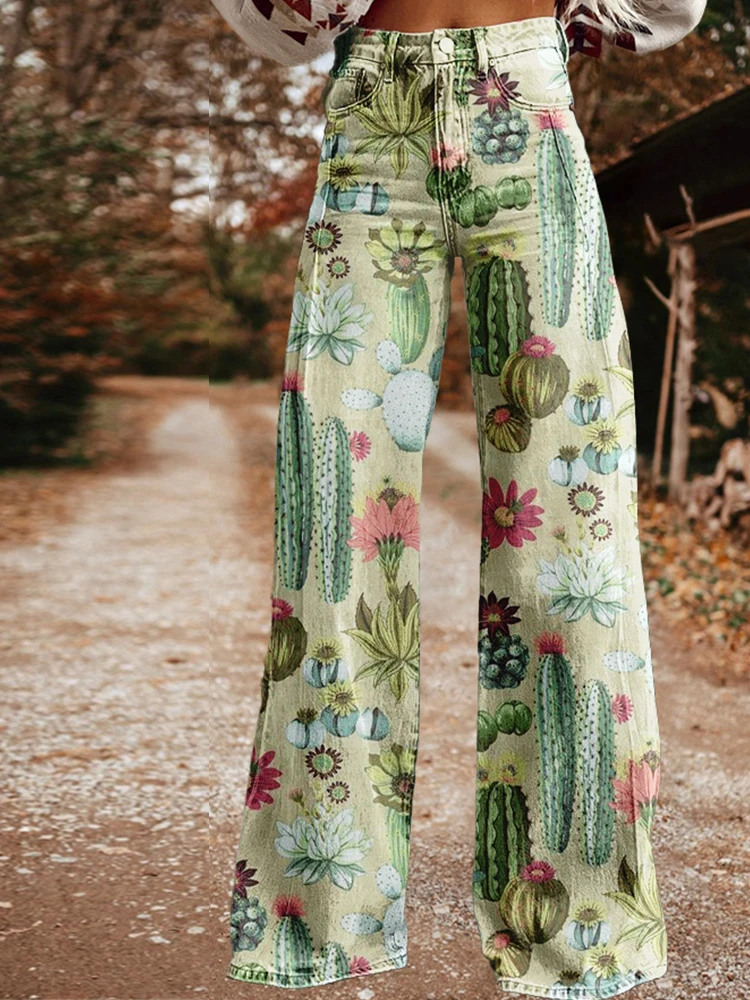 

Vintage Western Cactus Print Wide Leg Pants