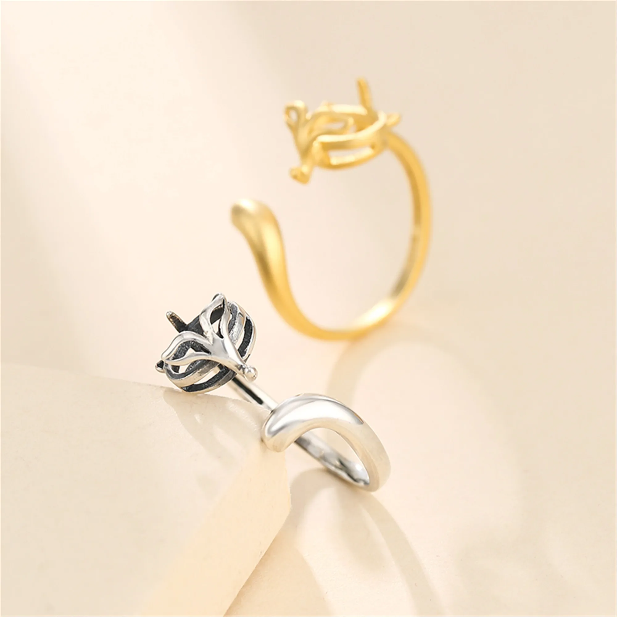 

Fox Shape Gold Plated 925 Silver Adjustable Ring Setting for 7x9mm/9x11mm/11x13mm Oval Cabochons