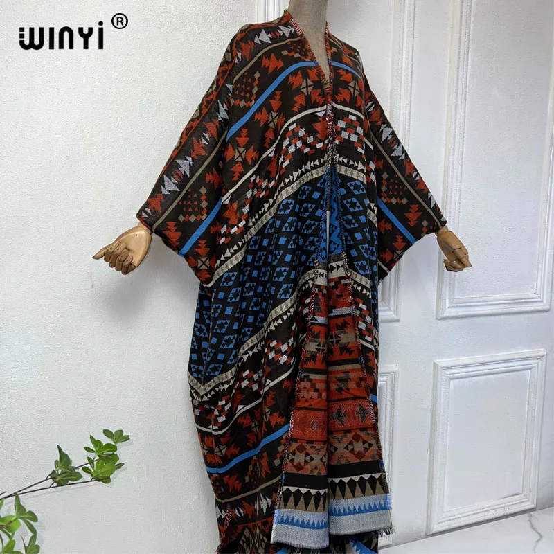 WINYI 2024 winter cardigan Africa print women loose jacket Warm kimono long down coat Middle East fashion abaya holiday dress