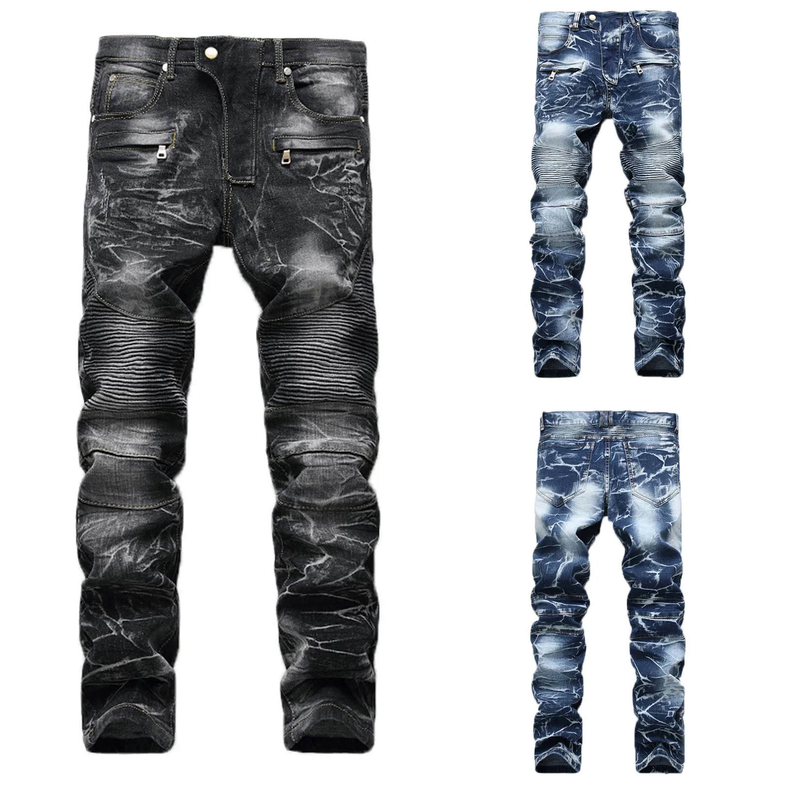 2024 neue Männer zerrissene Motorrad Jeans gerade Bein hohe Taille Retro Jeans Modetrend Persönlichkeit Jeans Slim-Fit Korsett hose