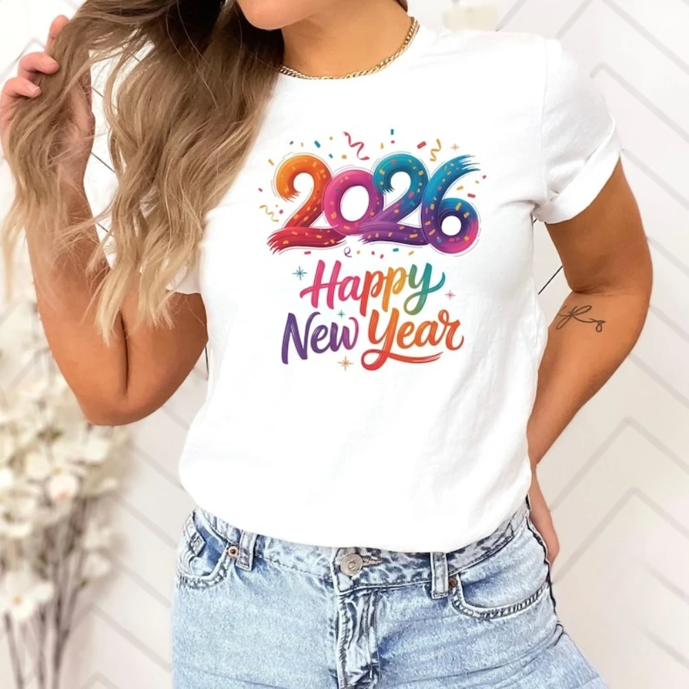 Vibrant 2026 Hand Lettering T-shirt New Year Graphic Tee New Year's Happy Party Attire Women Fashion Daily Life Casual Cotton T