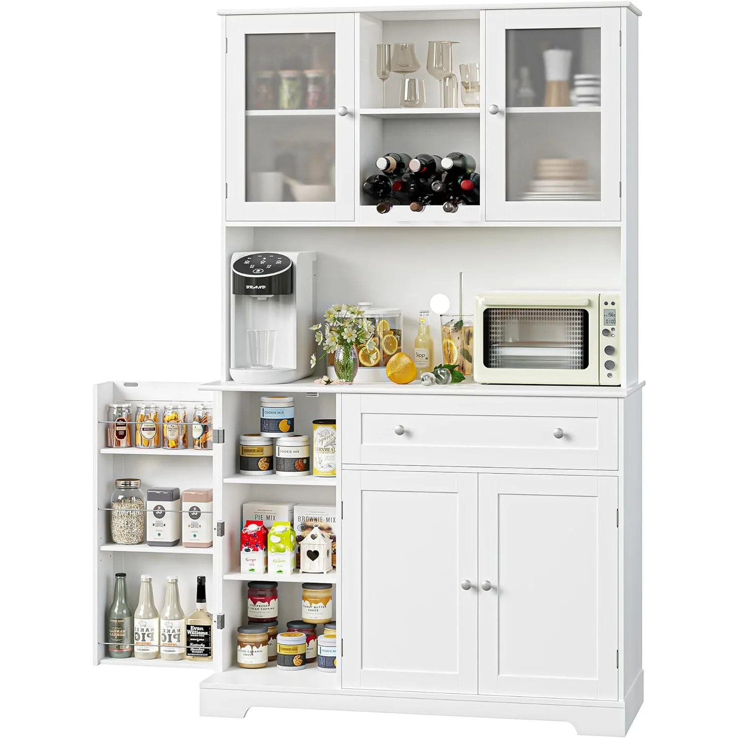 

HOSTACK Kitchen Food Pantry Storage Modern Buffet Cabinet with Hutch Tall Cabinet with Microwave Stand with Doors and Shelves