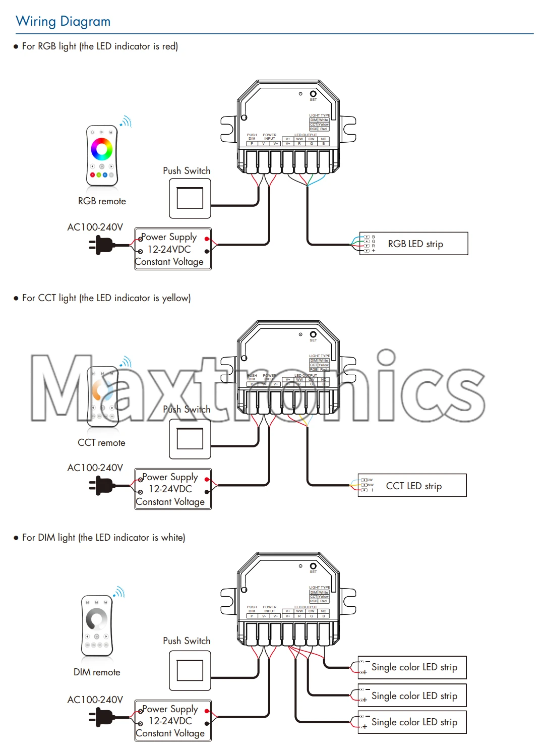 3-in-1 RF Constant Voltage LED Controller V3-SP Skydance 12-24VDC for Single Color LED Strip Lamp/RGB CCT Light 0-100% Dimming