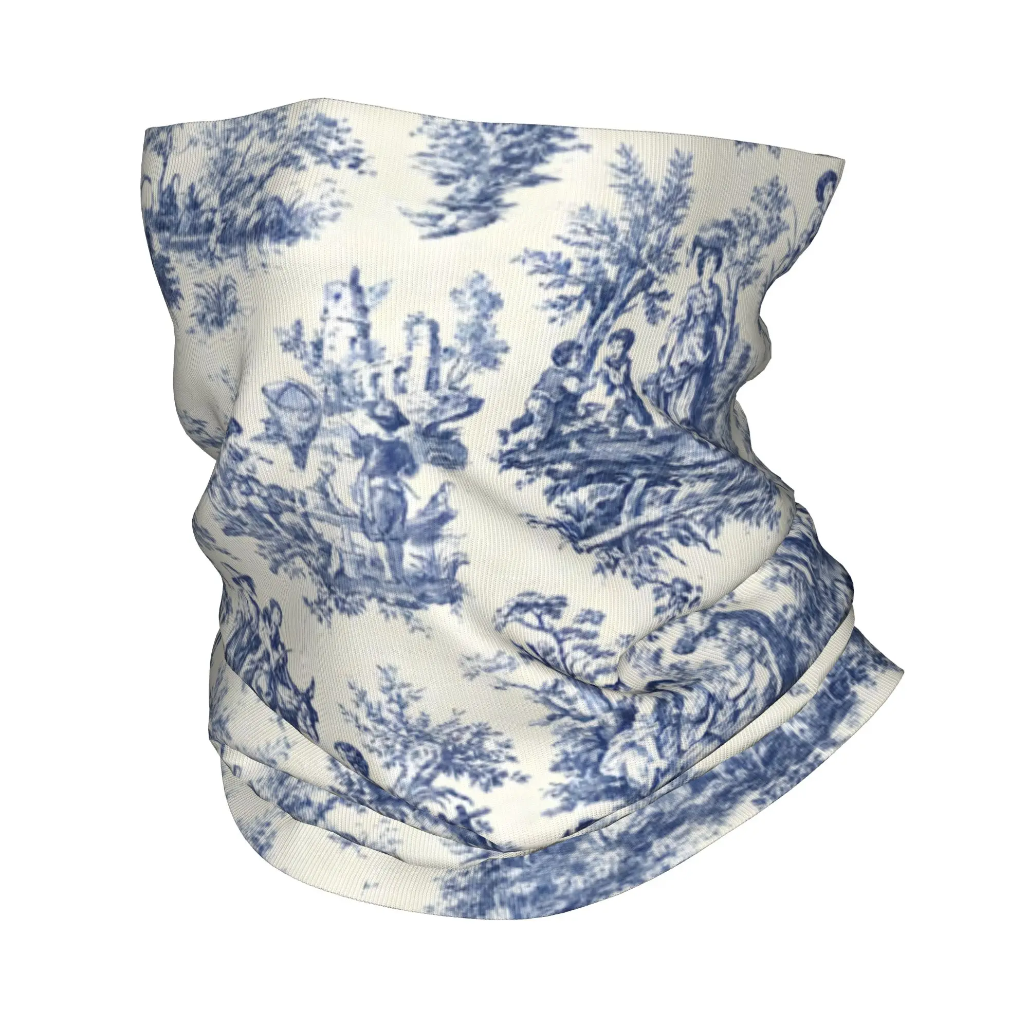 

French Navy Blue Toile De Jouy Motif Winter Headband Neck Warmer Hiking Hunting Tube Scarf Art Face Bandana Gaiter