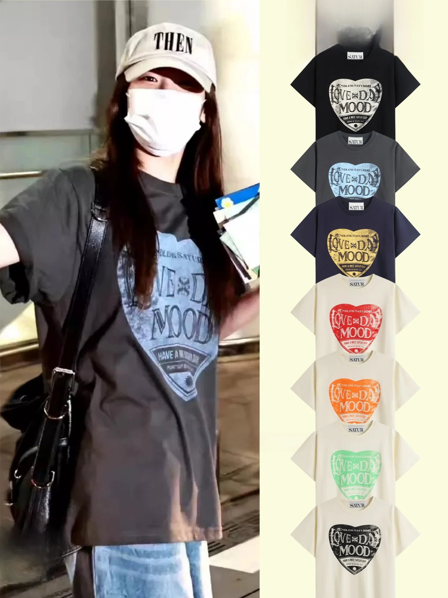 

Футболка с принтом в стиле ретро с сердечками, из чистого хлопка, свободного кроя, с круглым вырезом, повседневная, удобная, для мужчин и женщин.