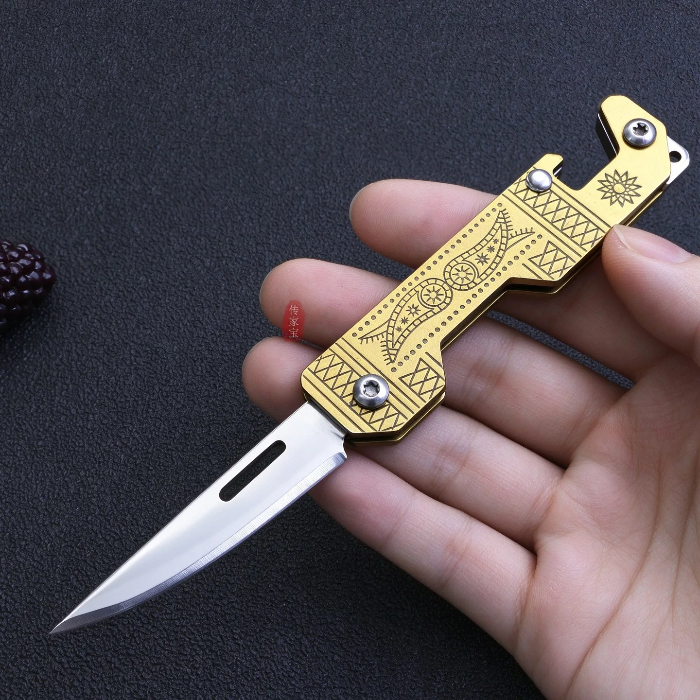 Sun Totem Mini Folding Knife - Unique Engraved Stainless Steel Pocket Blade, Compact EDC Tool for Fruit & Rope Cutting